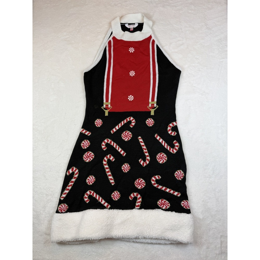 No Boundaries Christmas Sweater Dress Juniors L 11-13 Candy Cane Mock Neck Black